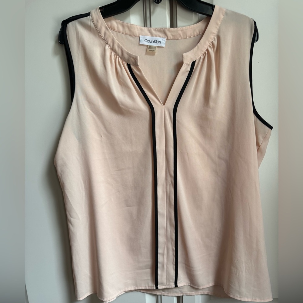 Calvin Klein blush/peach with black piping sleeveless blouse.